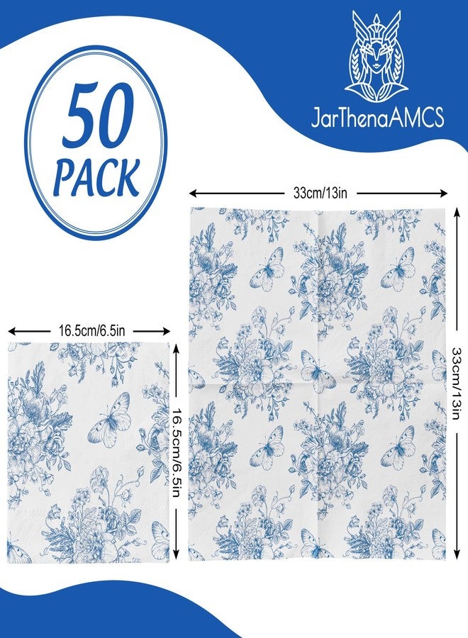 JarThenaAMCS مناديل ورقية زرقاء مزخرفة بالزهور من JarThenaAMCS، ٥٠ قطعة، بتصميم فراشة وزهرة، مثالية للغداء والعشاء والحلويات، مناسبة لحفلات الربيع والصيف، وحفلات الزفاف، وحفلات استقبال المولود، وأعياد الميلاد، وحفلات الشاي في الحدائق. - Image 2